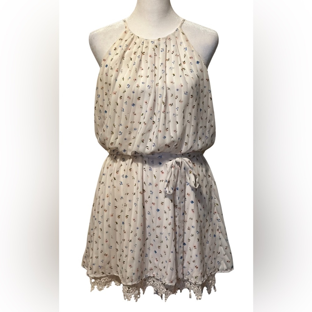 Papaya Floral Halter Mini Dress with Lace Hem